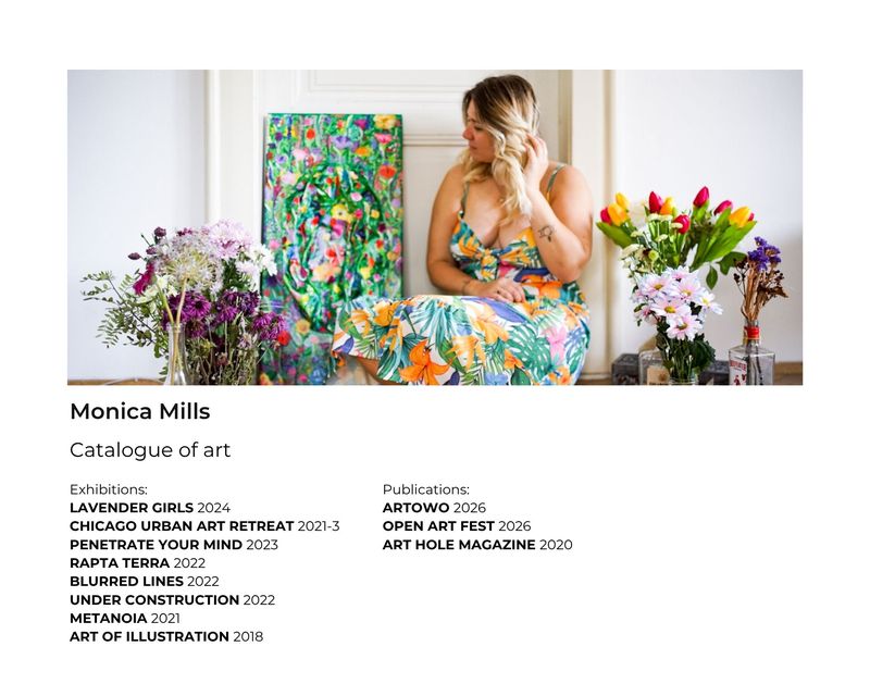 Monica Mills pictured with colourful artwork and flowers, with her catalogue exhibition list